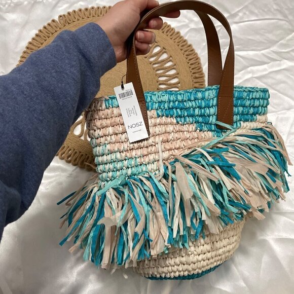NWT Chico’s Multi Fringe Neutral Turquoise Tote Bag - Picture 5 of 11